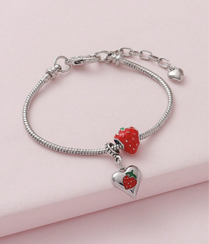 ❹❺🦋1 pieza Pulsera de cobre con cuentas y diseño de corazón con fresas pintadas de forma romántica, regalo para mujeres