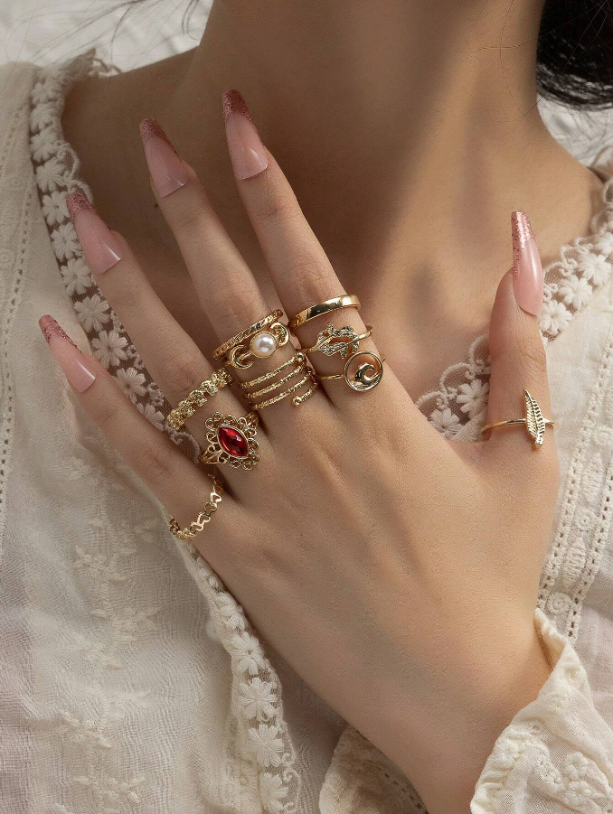 ❶❻💥❶⓿🧡Anillos para mujer de aleación de luna, cabeza de calavera, perla simulada, rubí, oro y amarillo en conjunto de 10 piezas