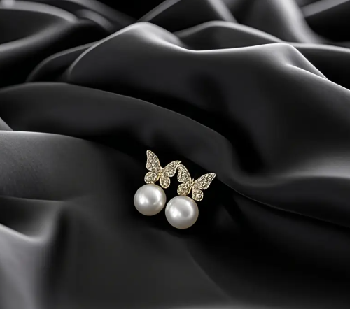 T❸❸💫Elegantes Pendientes de Mariposa y Perla Falsa con Brillantes de Estrás