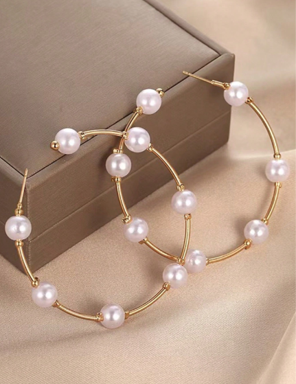 ❹❽🌻Aretes De Perlas Grandes Y Simples Con Círculo
