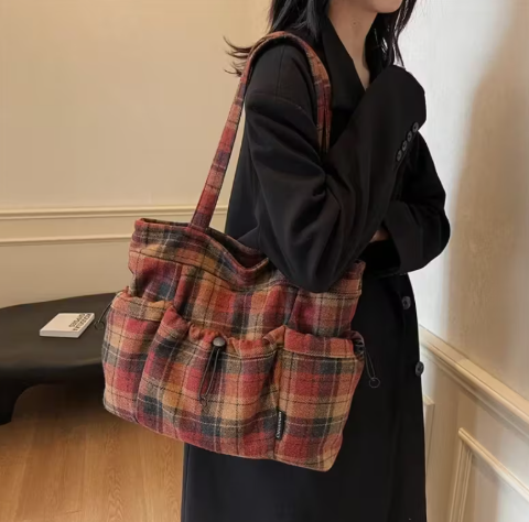 T❺❺🍂Bolso Tote Grande para Mujer - Estilo Coreano a Cuadros a Cuadros en Marrón Rojo