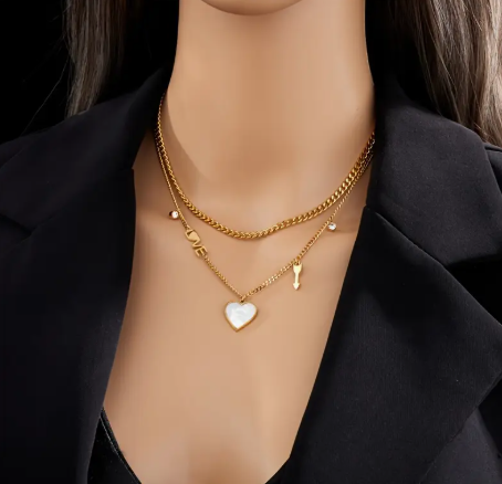 T❹❾💥Collar de Acero Inoxidable 304 con Doble Capa y Colgante en Forma de Corazón