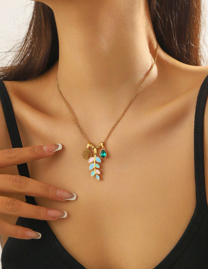 ❸❶🌸1 pieza Collar con colgante redondo del Árbol de la Vida enchapado en oro con gotas de color, hoja y gota de agua con rhinestones, cadena de acero inoxidable
