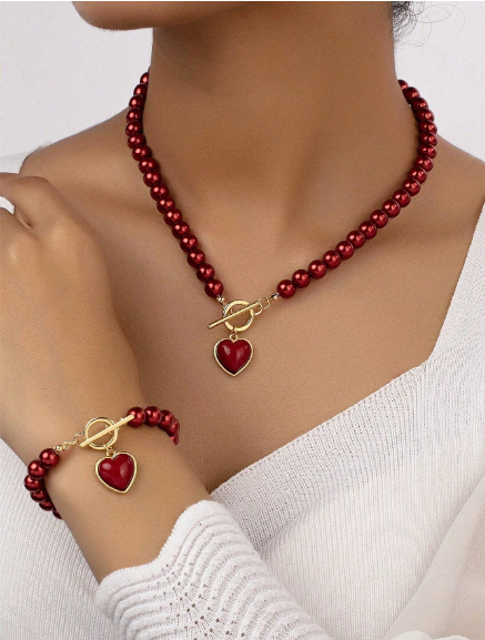 ❣️Juego De Collar Y Pulsera Con De Perlas Simuladas Y Corazón De Durazno A La Moda Europea Y Americana Para Mujeres (2 Piezas)