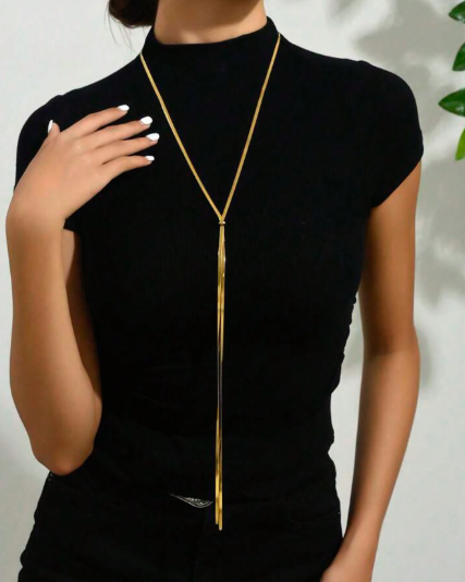 ❹❽🌻Un collar de cadena con colgante de hoja de acero inoxidable simple y largo