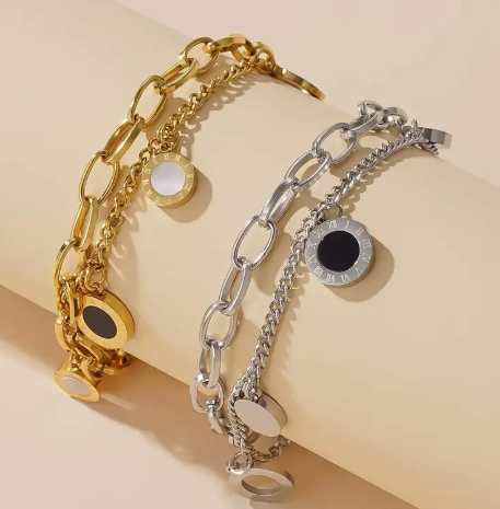T❺❸💫Pulsera de acero inoxidable de doble capa con números romanos