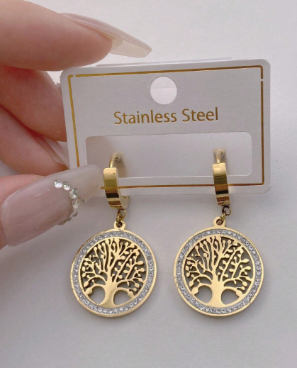 ❸❸💫1 par de pendientes con forma de árbol de la vida con cristales de acero inoxidable para mujer, regalos de joyería glamorosa y de moda para fiestas