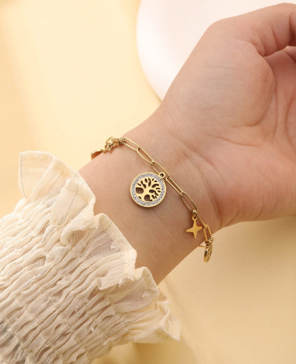❷❼😍1 pieza Pulsera con dije de árbol de la vida, corazón, pentágrama y estrella chapada en oro de 14K de acero inoxidable