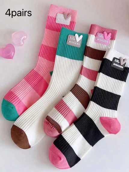 ❶❻💥4 pares Calcetines medianos para mujer con patrón a rayas con forma de corazón, calcetines lindos