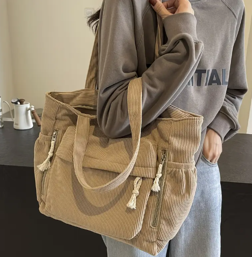 T❹❽🌻Vintage Bolso Tote de Pana de Gran Capacidad con Diseño de Doble Cremallera