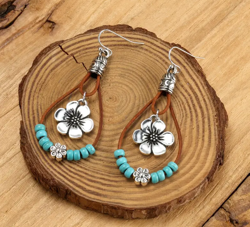 T❹❺🦋Estilo Bohemio 1 Par de Aleación de Flor de Ciruelo con Cuentas de Turquesa