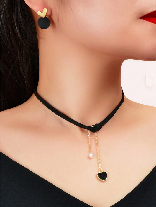 ❶❷🩷Conjunto De Joyería Retro De 3 Uds, Gargantilla De Tatuaje Negro, Collar Con Colgante De Corazón, Pendientes Geométricos Para Mujer