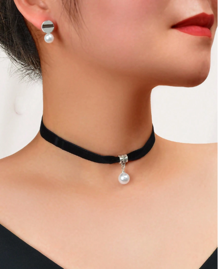 ❷⓿☀️ De Joyas Retro De 3 Piezas: Collar De Terciopelo Negro, Collar Con Colgante De Perlas Falsas Y Aretes De Tachuelas Plateados