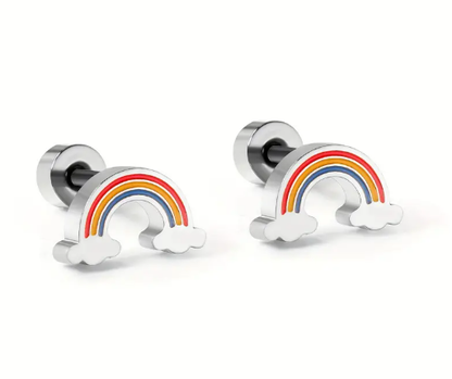 T❸⓿🌼1 Par de Pendientes de Botón con Diseño de Arcoíris Sencillo y Lindo, Acero Inoxidable