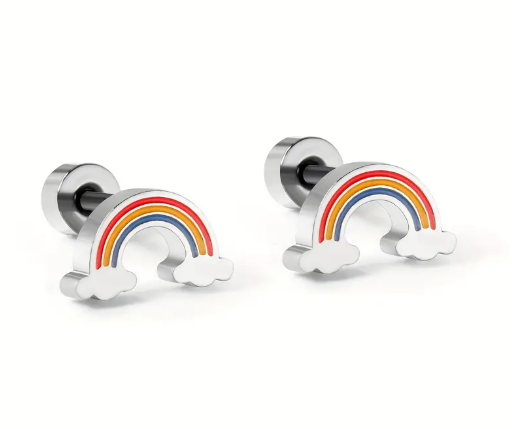 T❸⓿🌼1 Par de Pendientes de Botón con Diseño de Arcoíris Sencillo y Lindo, Acero Inoxidable