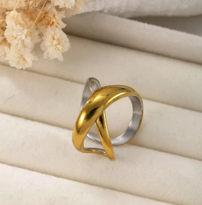 T❹❻🌹1pc Anillo Abierto Asimétrico Minimalista - Acero Inoxidable con Detalle Dorado
