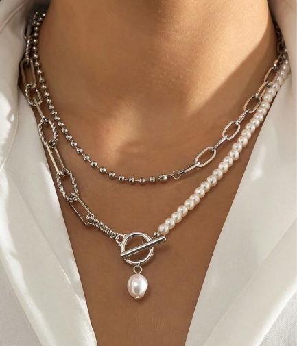 ❸❷🍁1 Pieza Collar Dorado De Acero Inoxidable Personalidad Retro Con Cadena Larga De Cuentas Falsas Y Cierre De Broche, Para Mujeres En Una Cita