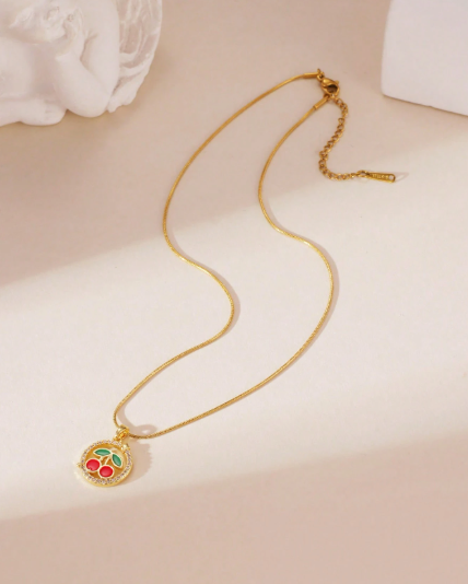 ❸❹🌻 1 pieza Colgante de acero inoxidable de 18K con gota de aceite, zirconia en forma de fresa y cereza, accesorio de joyería elegante para mujeres, apto para uso diario y eventos