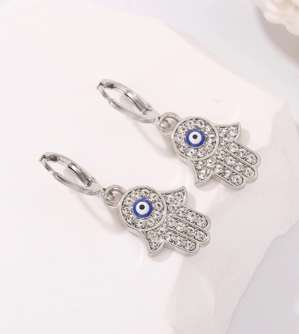 ❸❸💫Pendientes largo mano Hamsa decoración del mal de ojo con diamante de imitación