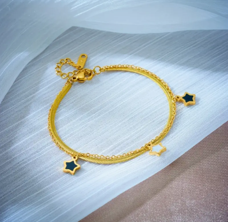 T❹❾💥 Pulsera de cadena de doble capa elegante con pendientes de estrella