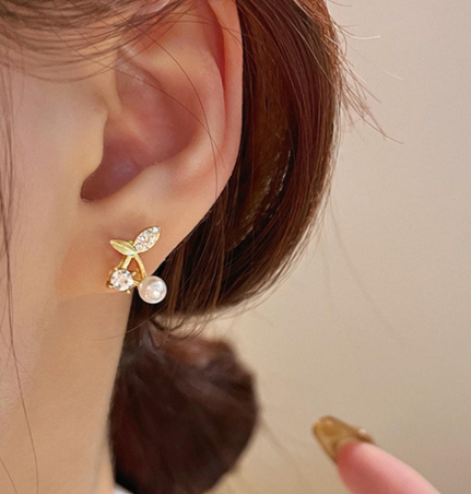 ❹❺🦋Aretes De Botón Con Diseño De Cereza Decorado Con Pedrería
