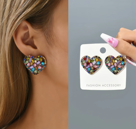 T❹❺🦋Pendientes de Corazón con Diamantes de Imitación Coloridos para Mujeres