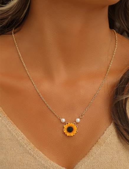 ❶❻💥Dellgoo 1 pieza Collar con dije de girasol de perla minimalista plateado para mujeres