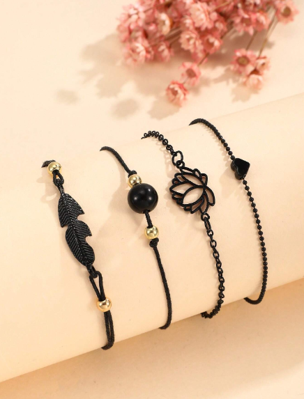 🍄 ❶❺❽❣️4 Piezas/set Conjunto De Pulsera Estilo Simple Con Cadena De Perlas Falsas Negras Y Trenza De Aleación, Decoración De Hojas, Corazón Y Flor Para Mujeres, Regalo Ideal Para Días Festivos