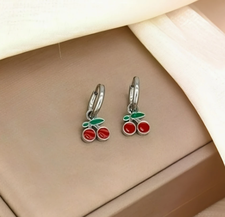 T❹❺🦋Par de Pendientes de Cereza Dulce en Acero Inoxidable 316