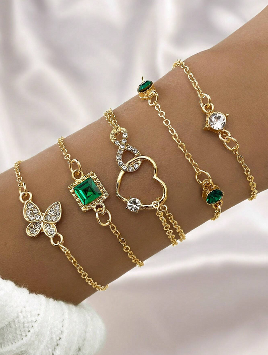 🌹5 piezas/set Estilo Europeo Y Americano De Moda Piedra Verde, Diamante Cuadrado, Diseño De Corazón Y Mariposa