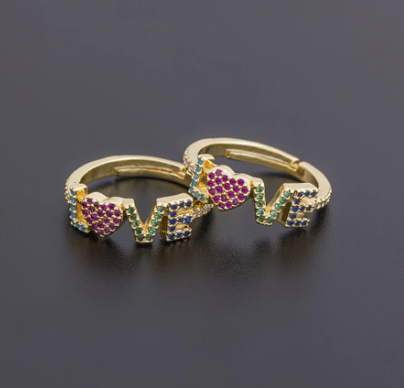 T❹❺🦋Anillo Ajustable de Carta de Amor Chapado en Oro con Circonita 3A Colorida