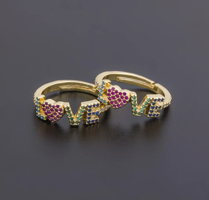 T❹❺🦋Anillo Ajustable de Carta de Amor Chapado en Oro con Circonita 3A Colorida