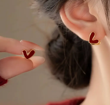 T❺❶🌻1 Par de Pendientes de Cobre Retro Elegantes con Diseño de Corazón de Melocotón de Doble Cara