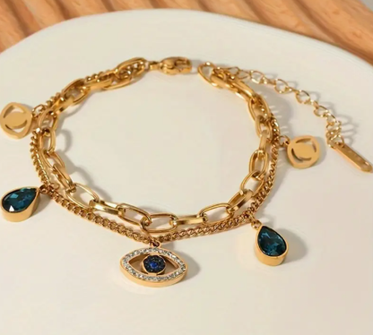 T❹❾💥 Elegante pulsera de doble ojo con placa dorada de 18K