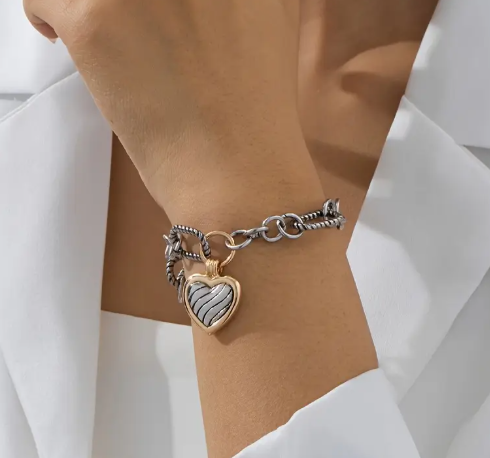 T❸❸💫1 pieza de pulsera vintage boho con cadena en forma de corazón, chapada en oro de 18 quilates