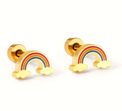 T❸⓿🌼1 Par de Pendientes de Botón con Diseño de Arcoíris Sencillo y Lindo, Acero Inoxidable