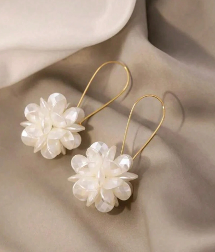❸❸💫1 Par De Pendientes Largos De Bolas Florales De Diseño Exagerado Con Pétalos Blancos Y Pendientes