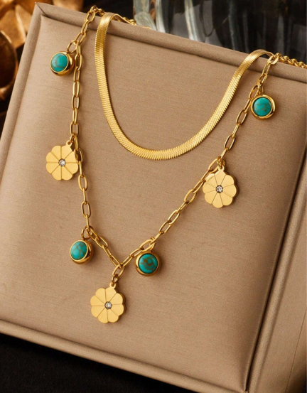 ❹❽🌻1 pieza Collar con colgante de flor de turquesa de doble capa de acero inoxidable