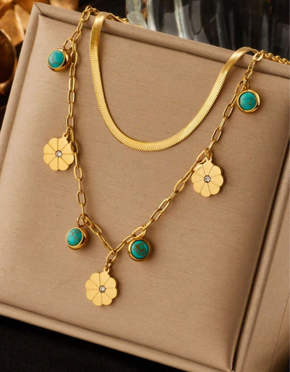 ❹❽🌻1 pieza Collar con colgante de flor de turquesa de doble capa de acero inoxidable