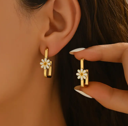 T❺❶🌻1 Par de Pendientes de Anilla en Forma de U con Aceite de Daisy