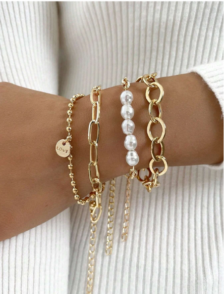 🍓Pulsera De Cadena Decorada Con Perlas Sintéticas, Juego De 4 Piezas