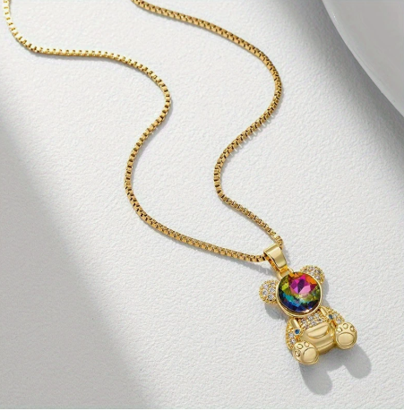 T❹❹🍂1pc 18K Bañado en Oro Acero Inoxidable Collar de Oso Teddy