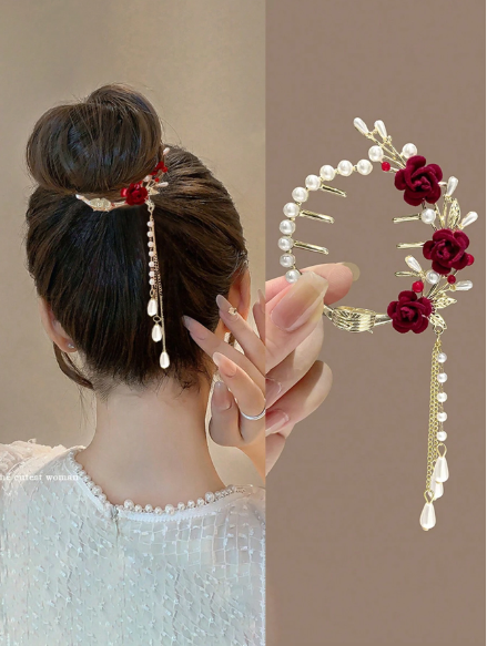 ❶⓿🧡1 Pieza Pinza De Pelo De Moño Con Diseño Vintage Elegante De Borla Y Perlas