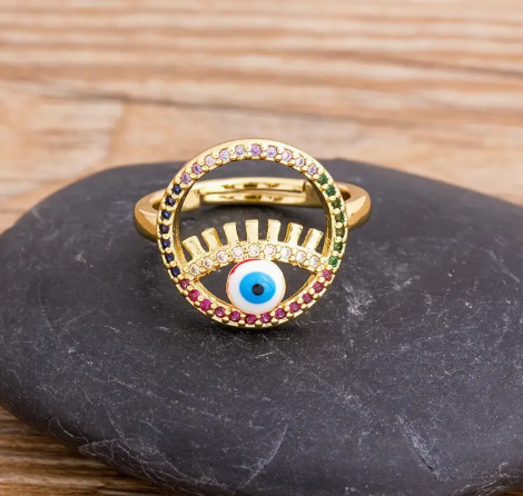 T❹❻🌹Nuevos anillos de zircón cúbico de suerte y ojo malo con arcoíris