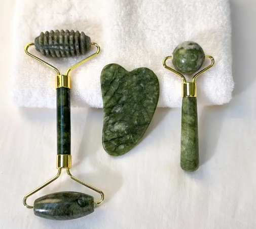 T❹⓿🍁 3 Piezas Rollo Facial de Jade Natural para Masaje, Levantamiento y Estiramiento Manual, Raspador de Belleza para Mujeres