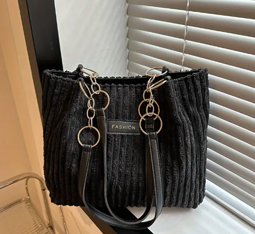 T❸❼🌾Elegante Bolsa de Hombro de Corduroy para Mujeres - Chic con Gran Capacidad Bajo el Brazo con Cadena de Cadena, Cierre de cremallera, Forro de Poliéster, Estilo Urbano, Opción de 2piezas/1pc, Bolso