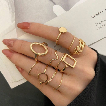 ❽❣️11 piezas/set Set de anillo color dorado geométrico hoja diseño creativo , adecuado para de mujeres uso diario