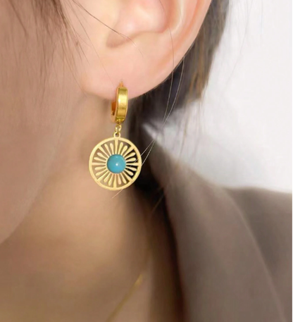 ❸❸💫Pendientes de flores de turquesa de acero inoxidable vintage, pendientes colgantes de moneda sol, regalos de joyas punk creativas para mujeres