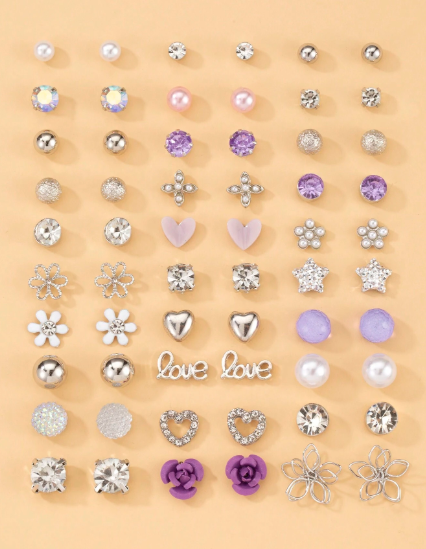 ❸❷🍁Set de regalo de 30 pares de pendientes tipo botón de lujo y elegantes con flores, corazones y mariposas de metal, perlas falsas y rhinestones para mujeres