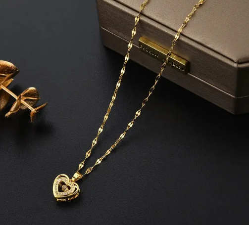 T❹❸🍀 Cadena de acero inoxidable de clavícula, Diseño de corazón romántico con piedras centelleantes